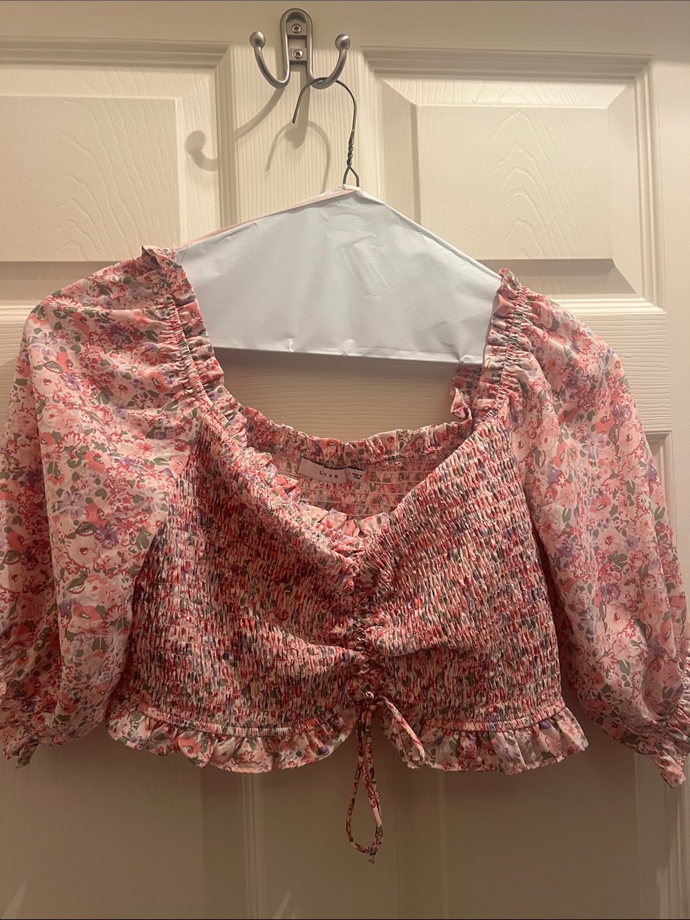 Lush Pink Floral Smocked Peasant Crop Top